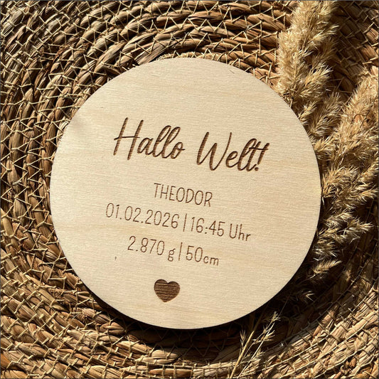 Holzschild Hallo Welt | Geburtsdaten graviert